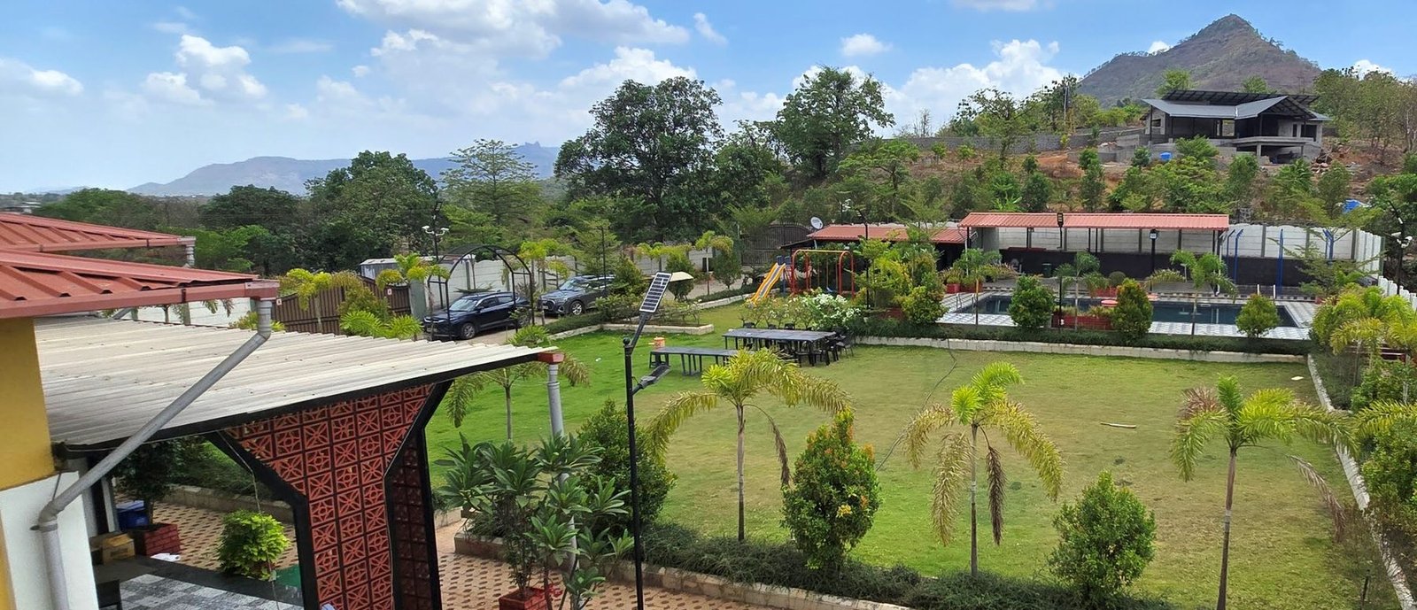 Panoramic view of the lawns and gazebo